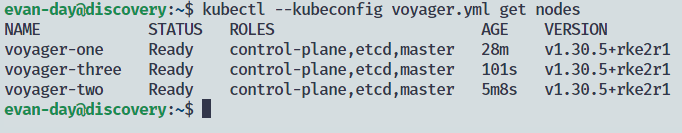 Screenshot showing the three nodes connected to a Kubernetes cluster